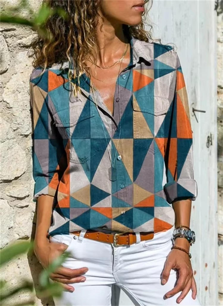 Kieran | Women's Geometric Print Long Sleeve Button Shirt - Image 1