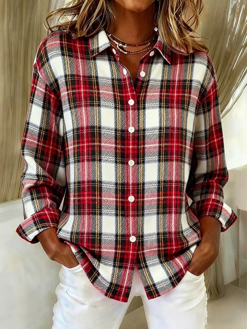 Kimora | Women's Plaid Long Sleeve Button Down Shirt - Red - Image 1