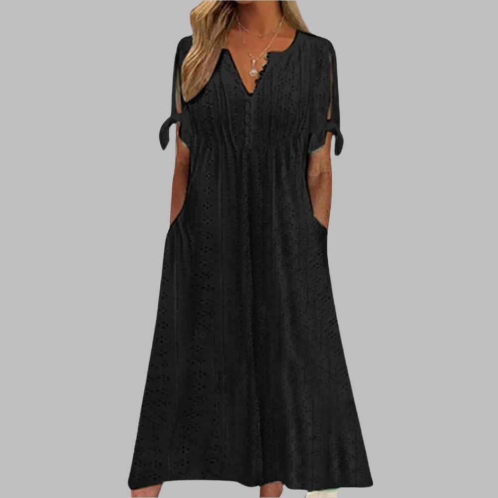 Léa | Women's Eyelet V-Neck Short Sleeve Midi Dress - White - Image 2