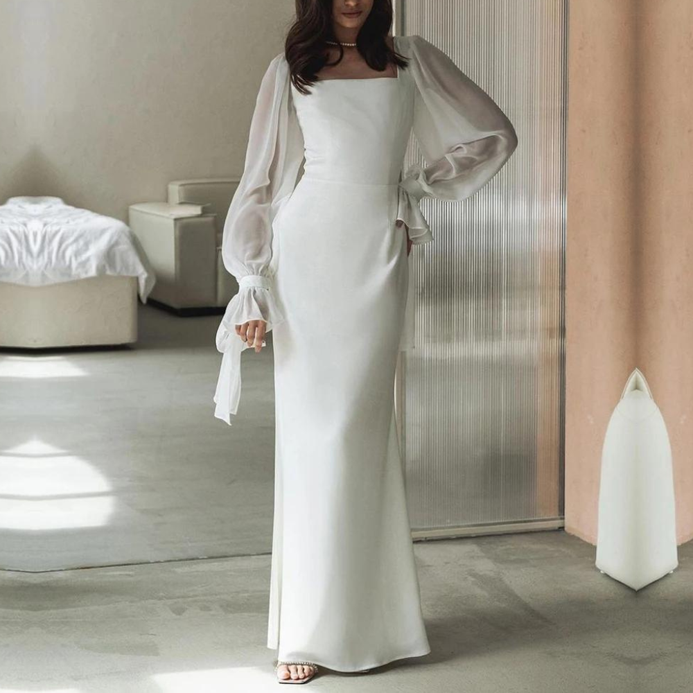 Lavinia | Women's Square Neck Long Sleeve Maxi Dress - White - Image 1