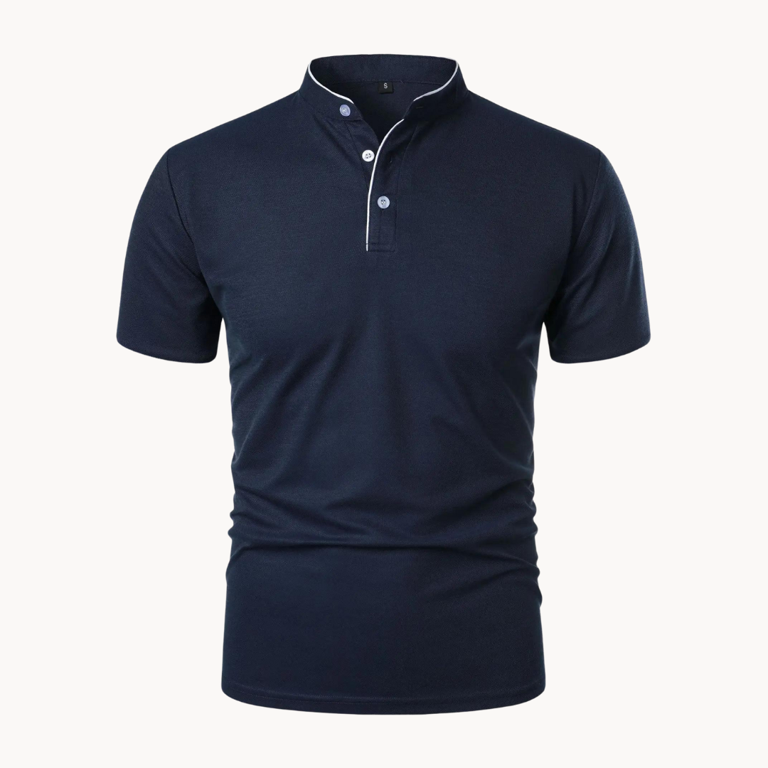 Leandro | Men's Mandarin Collar Short Sleeve Polo Shirt - Navy - Image 1