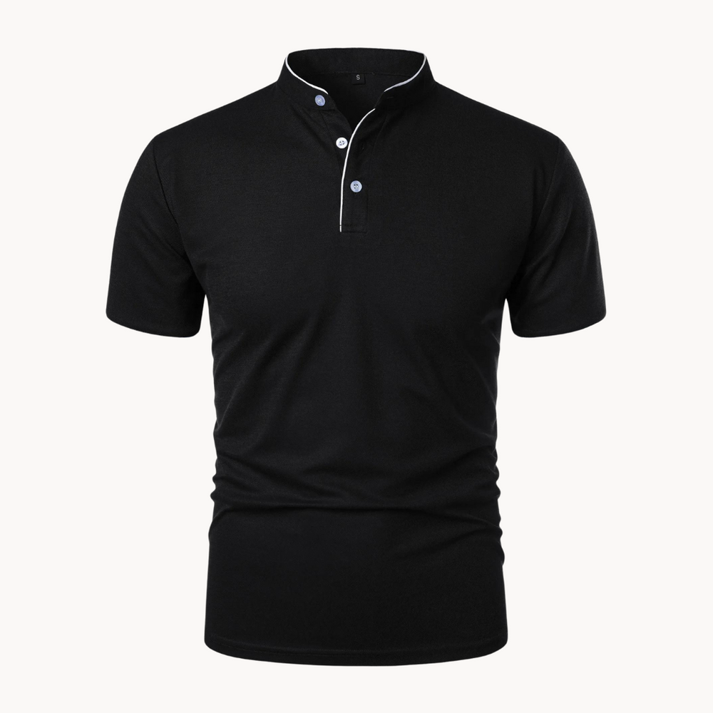 Leandro | Men's Mandarin Collar Short Sleeve Polo Shirt - Navy - Image 2