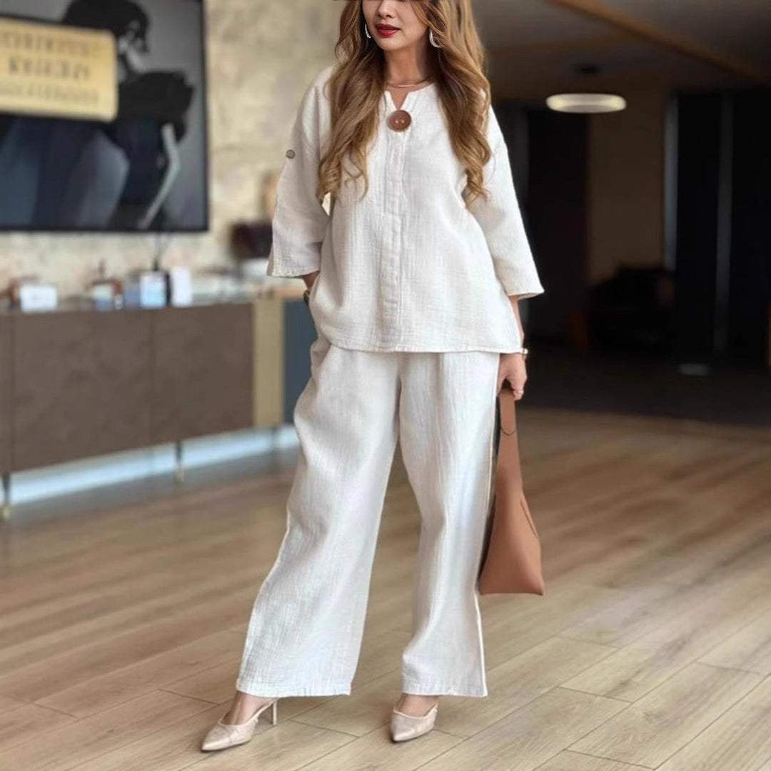 Leonora | Women's Tunic Two Piece Wide Leg Palazzo Pants Set - Cream - Image 1