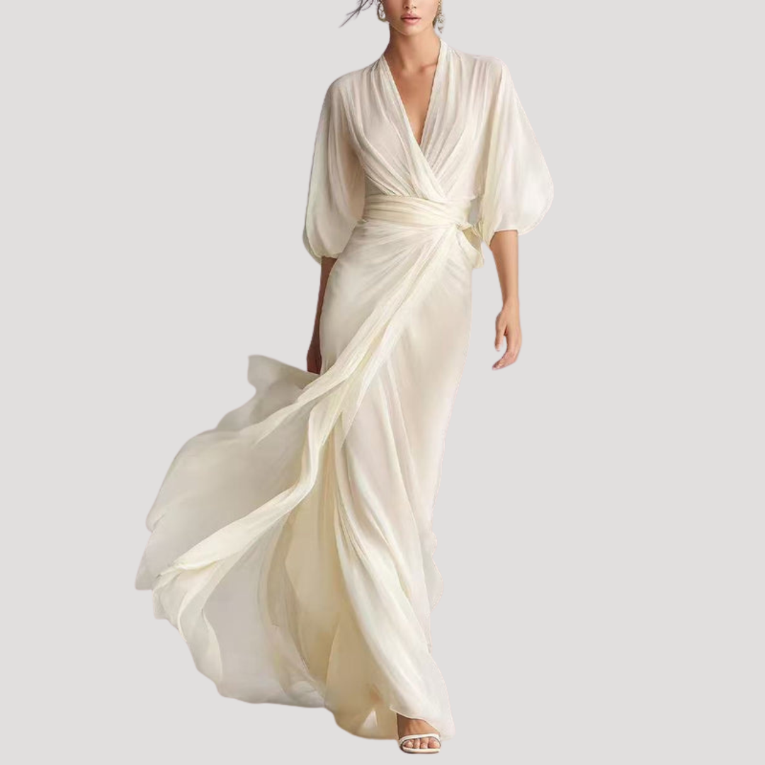 Leonora | Women's Wrap Balloon Sleeve Maxi Dress - Cream - Image 1