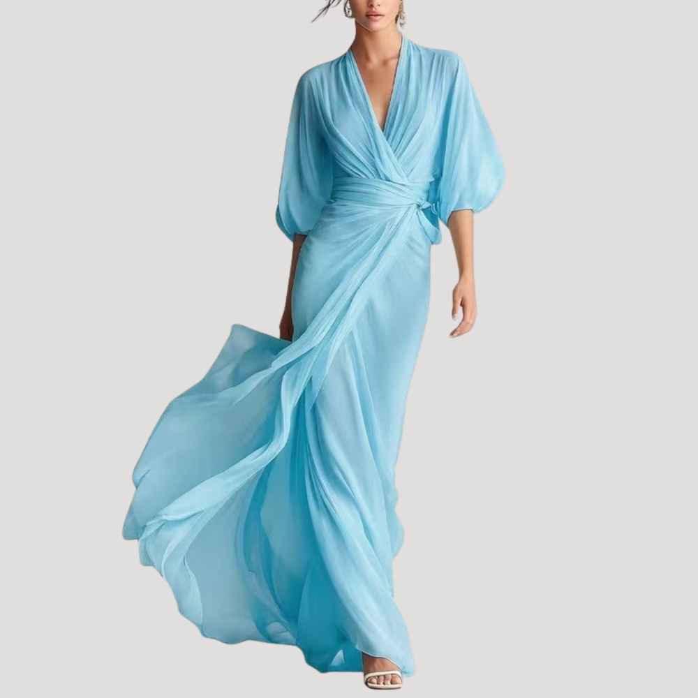 Leonora | Women's Wrap Balloon Sleeve Maxi Dress - Cream - Image 2