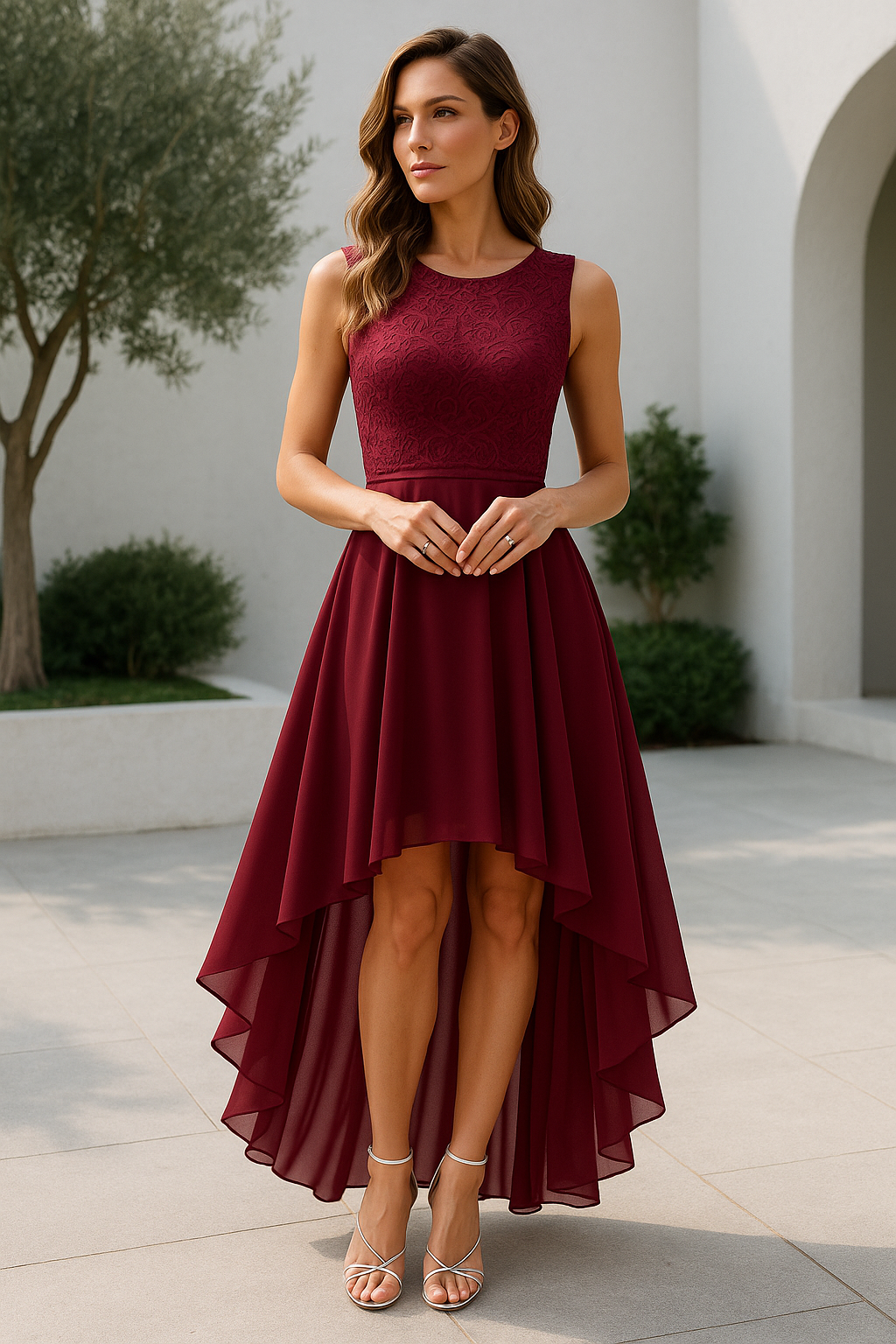 Liora | Women's High-Low Sleeveless Wedding Guest Dress - Burgundy - Image 1