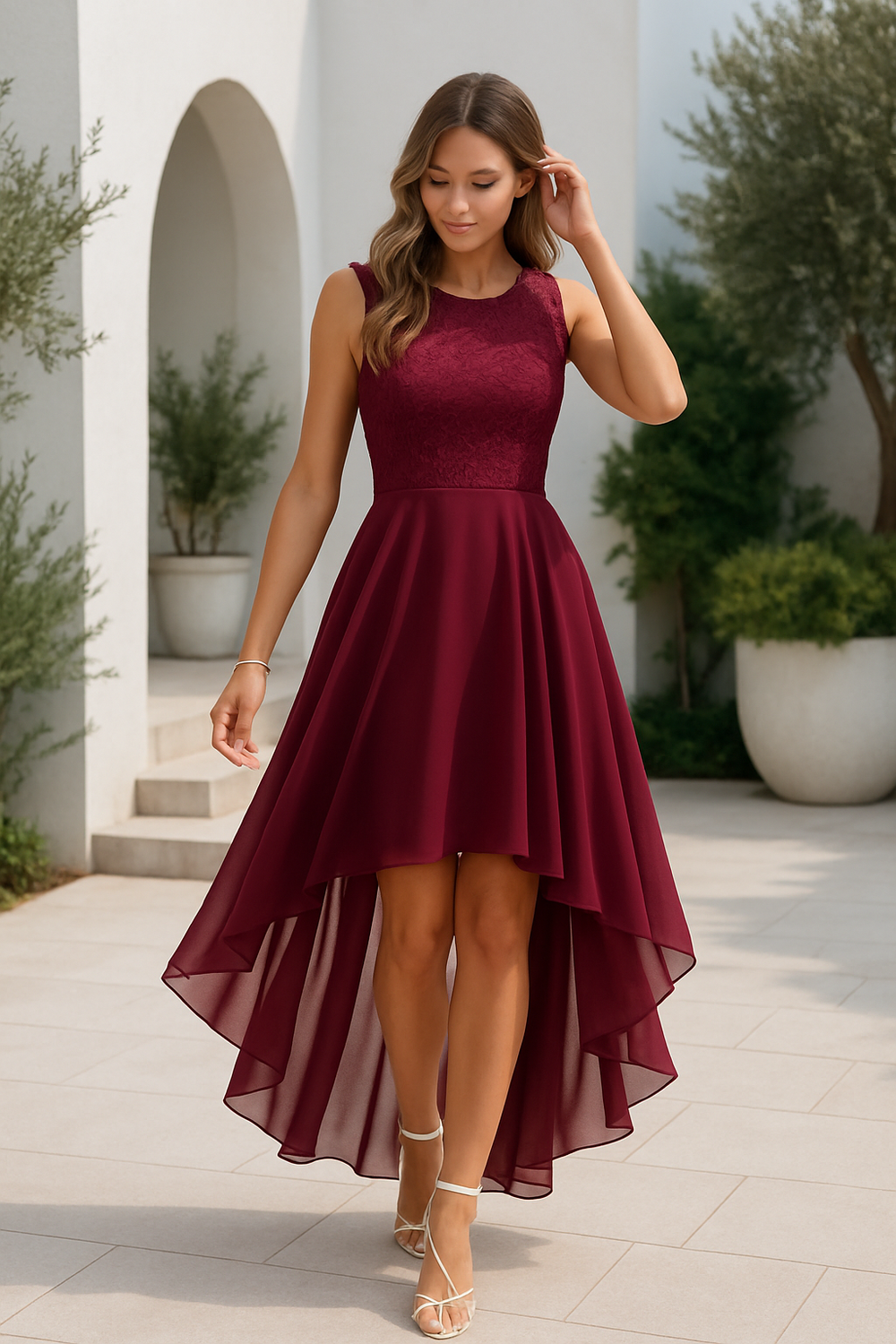 Liora | Women's High-Low Sleeveless Wedding Guest Dress - Burgundy - Image 2