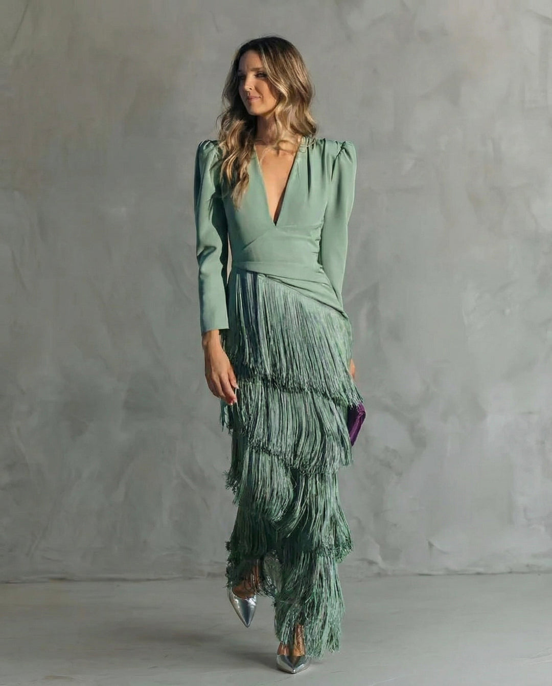 Liora | Women's V-Neck Long Sleeve Fringe Maxi Dress - Sage - Image 1