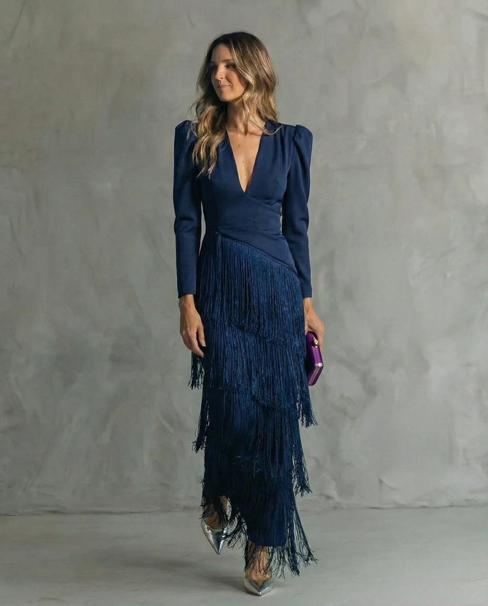 Liora | Women's V-Neck Long Sleeve Fringe Maxi Dress - Sage - Image 2
