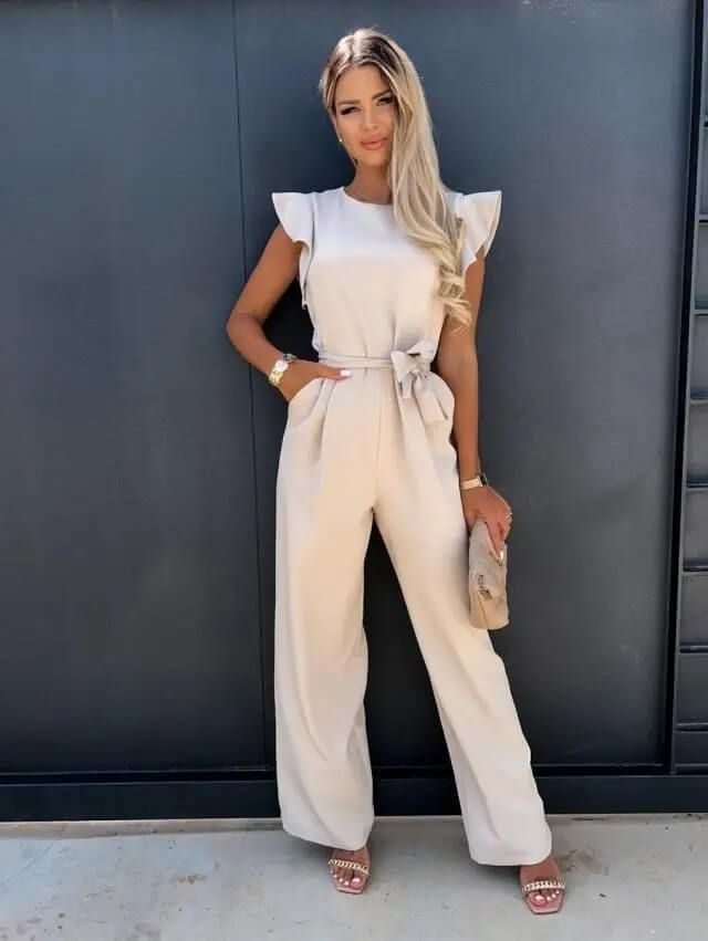 Lisette | Women's Ruffle Cap Sleeve Wide Leg Jumpsuit - Cream - Image 1