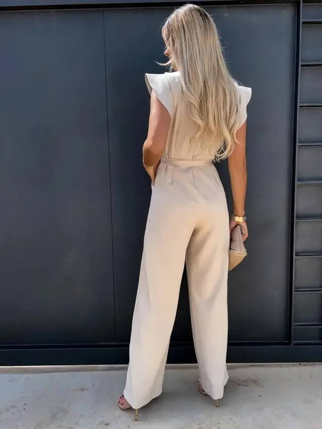 Lisette | Women's Ruffle Cap Sleeve Wide Leg Jumpsuit - Cream - Image 2