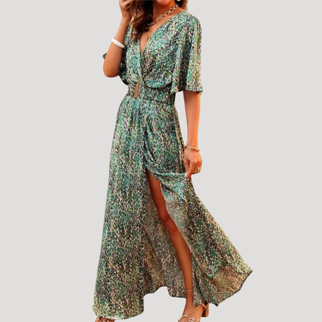 Léonie | Women's Printed Wrap Maxi Dress - Green - Image 1