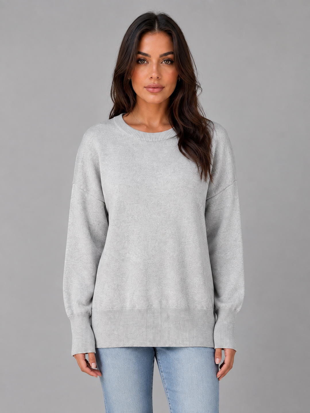 Lorvane | Women's Oversized Crew Neck Knitted Jumper - Light Grey - Image 1