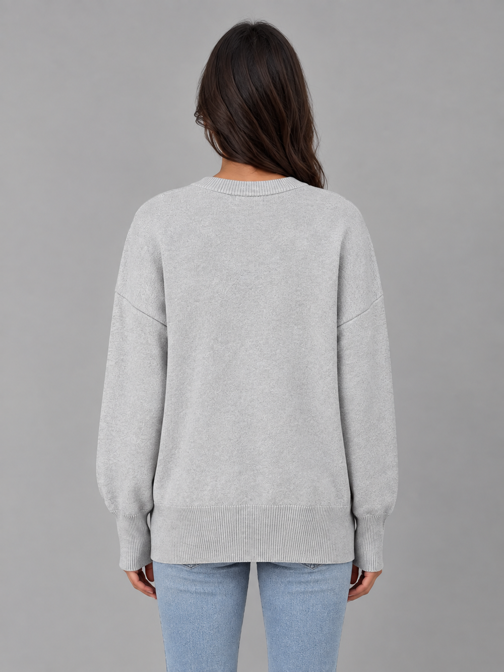 Lorvane | Women's Oversized Crew Neck Knitted Jumper - Light Grey - Image 2