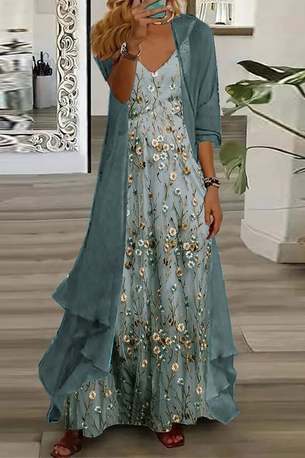 Lourdes | Women's Floral Maxi Dress & Duster Cardigan Set - Teal - Image 1