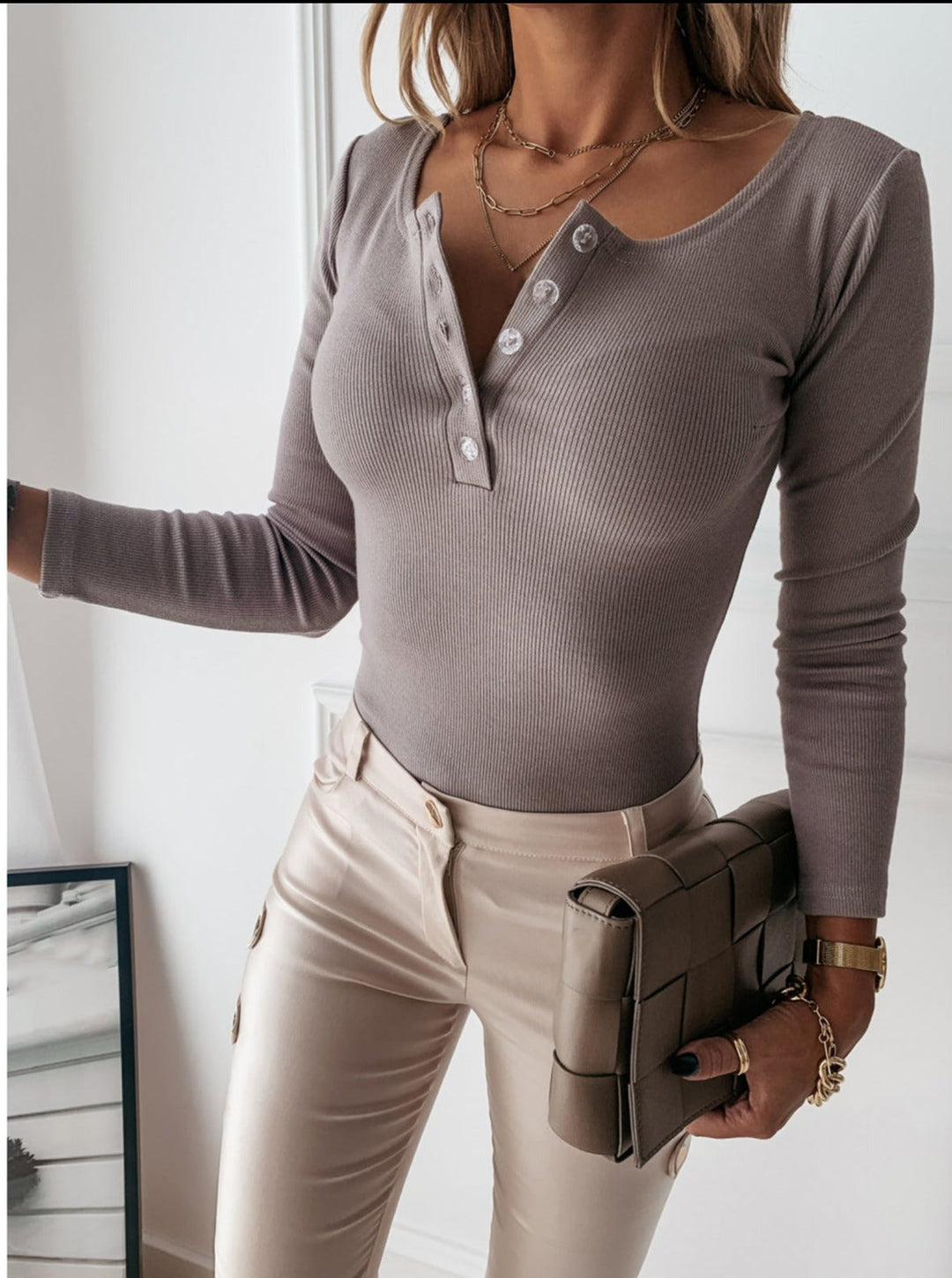 Luelle | Women's Ribbed Henley Long Sleeve Top - Taupe - Image 1