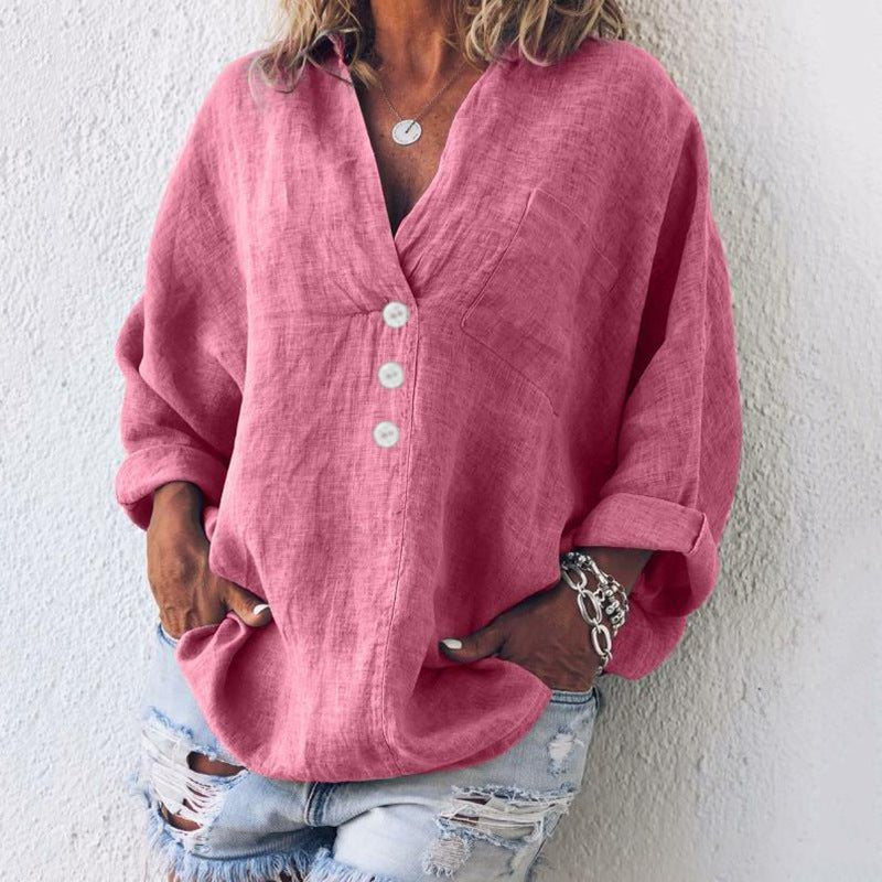Lydia | Women's Oversized Button Down V-Neck Blouse - Pink - Image 1