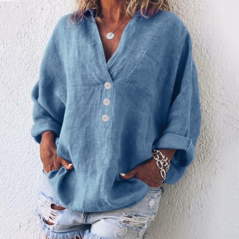 Lydia | Women's Oversized Button Down V-Neck Blouse - Pink - Image 2
