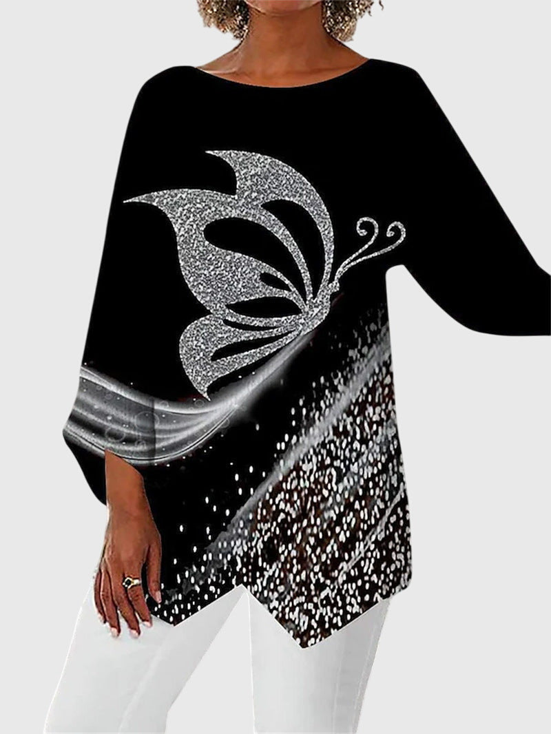 Lysander | Women's Butterfly Print 3/4 Sleeve Top - Black - Image 1