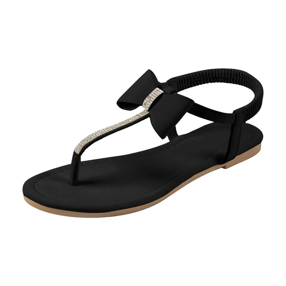 Lysandra | Women's Black Bow Rhinestone Flat Sandals - Image 2