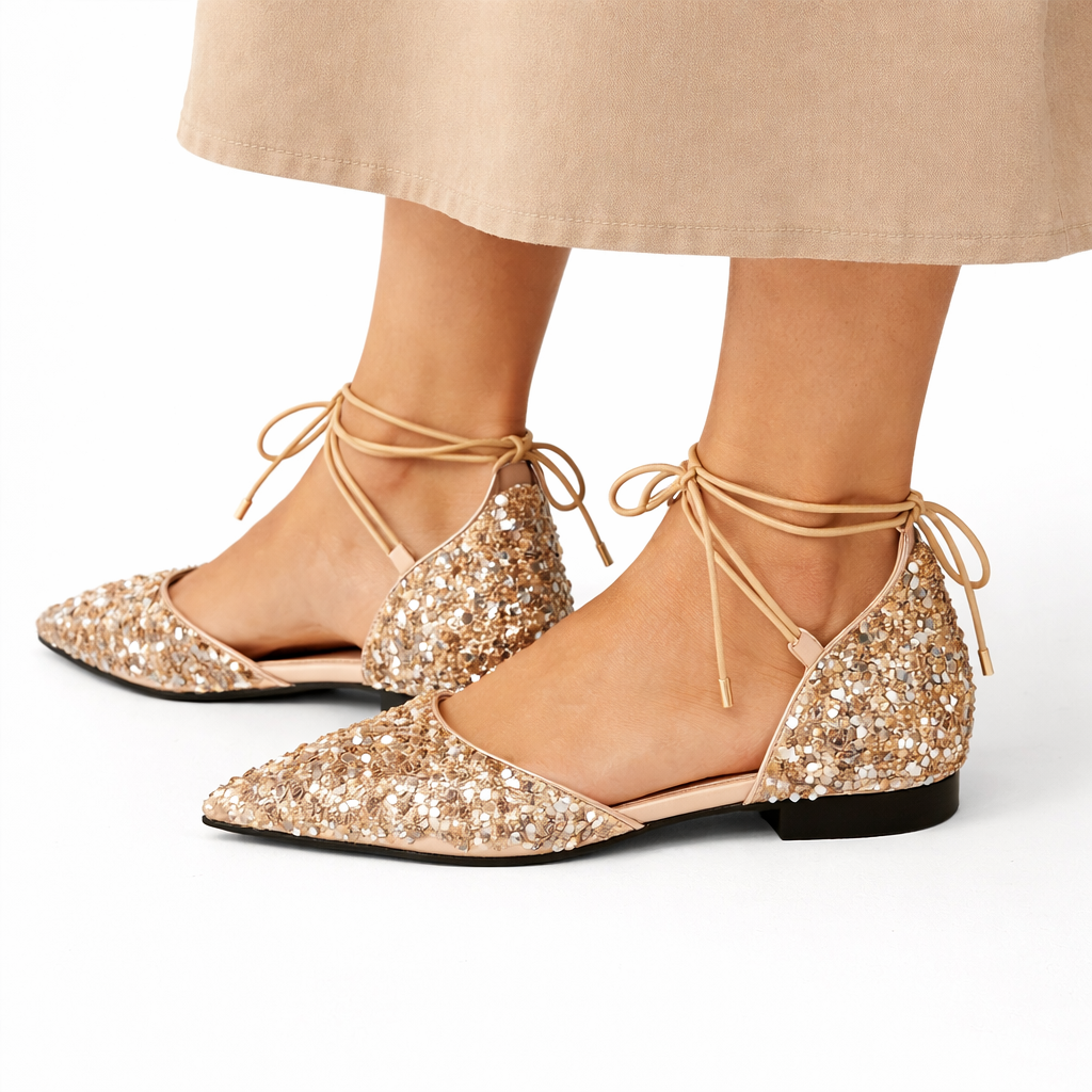 Lysara | Women's Glitter Pointed Toe Lace-Up Flats - Gold - Image 1
