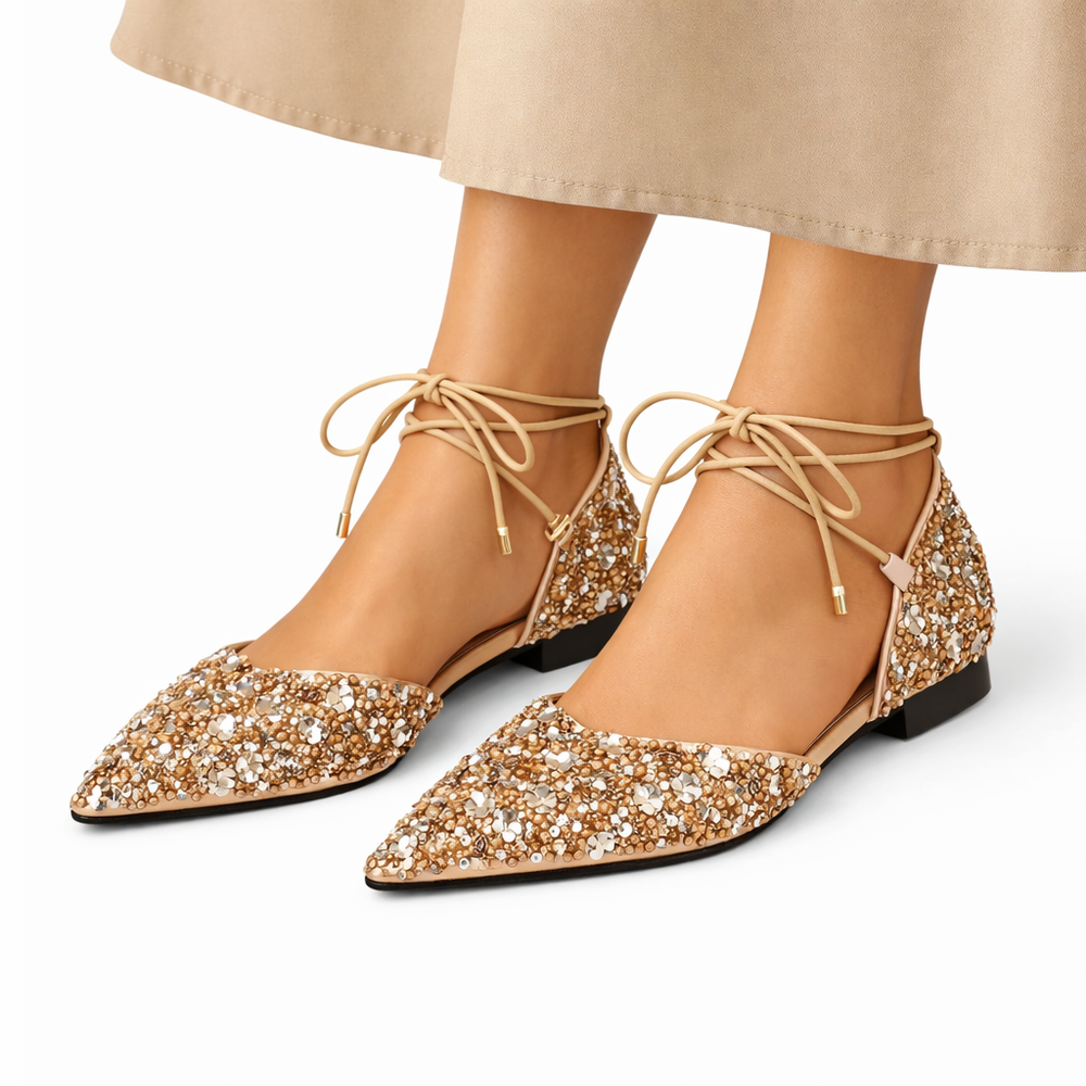 Lysara | Women's Glitter Pointed Toe Lace-Up Flats - Gold - Image 2