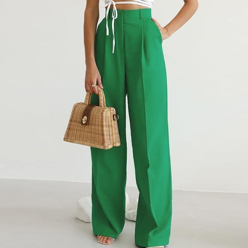 Lysette | Women's High Waist Wide Leg Pleated Pants - Green - Image 1