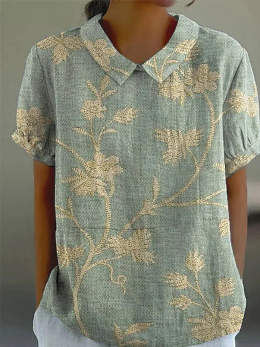 Lysithea | Women's Embroidered Floral Short Sleeve Blouse - Image 1