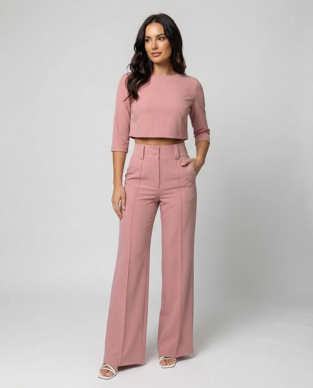 Marcella | Women's High Waist Wide Leg Pants Set - Pink - Image 1