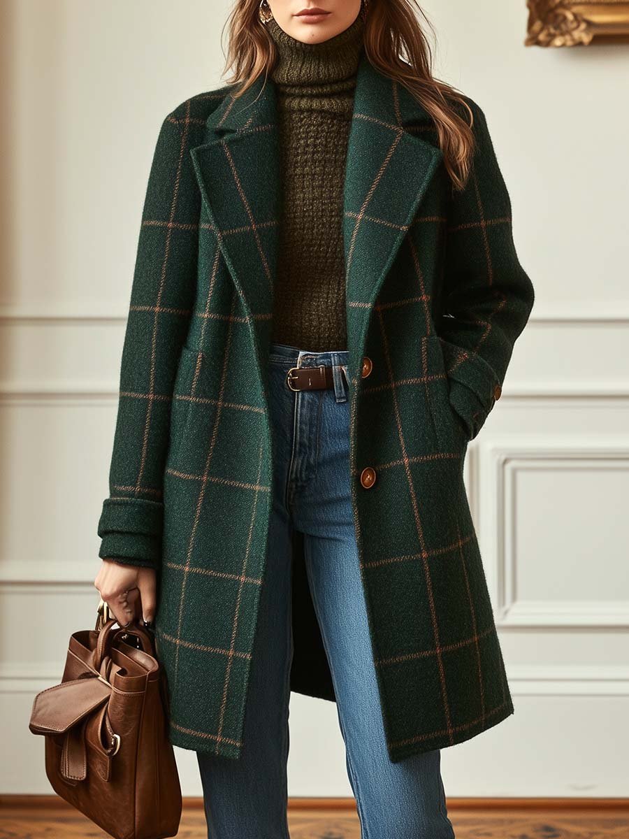 Marcella | Women's Plaid Double Breasted Long Coat - Green - Image 1