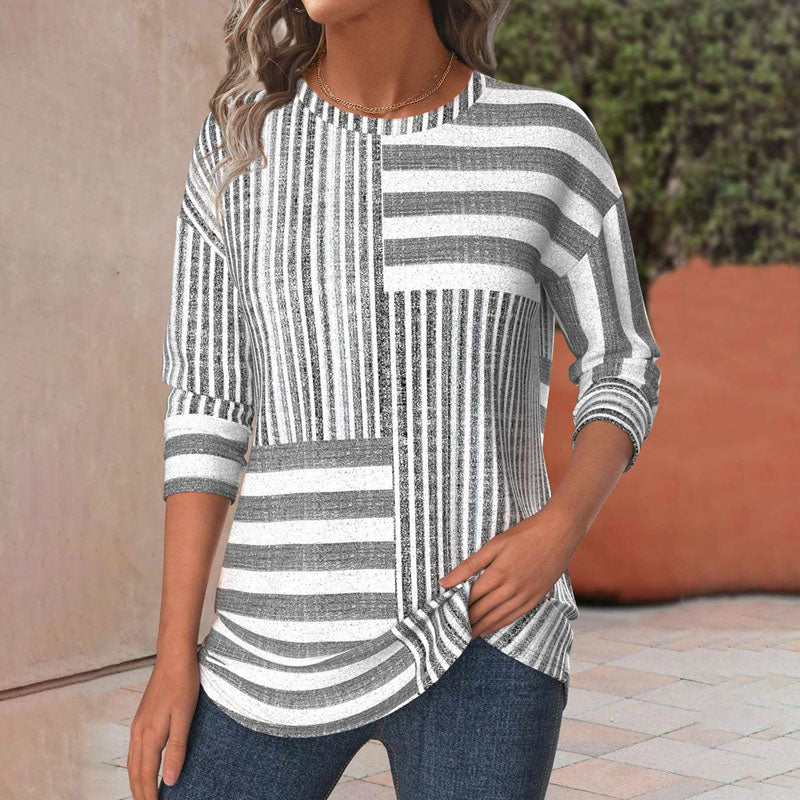 Margot | Women's Striped Round Neck Long Sleeve Blouse - Image 1