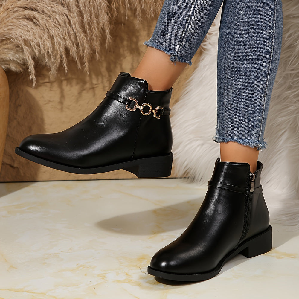 Marlowe | Women's Black Ankle Boots with Gold Chain - Black - Image 2