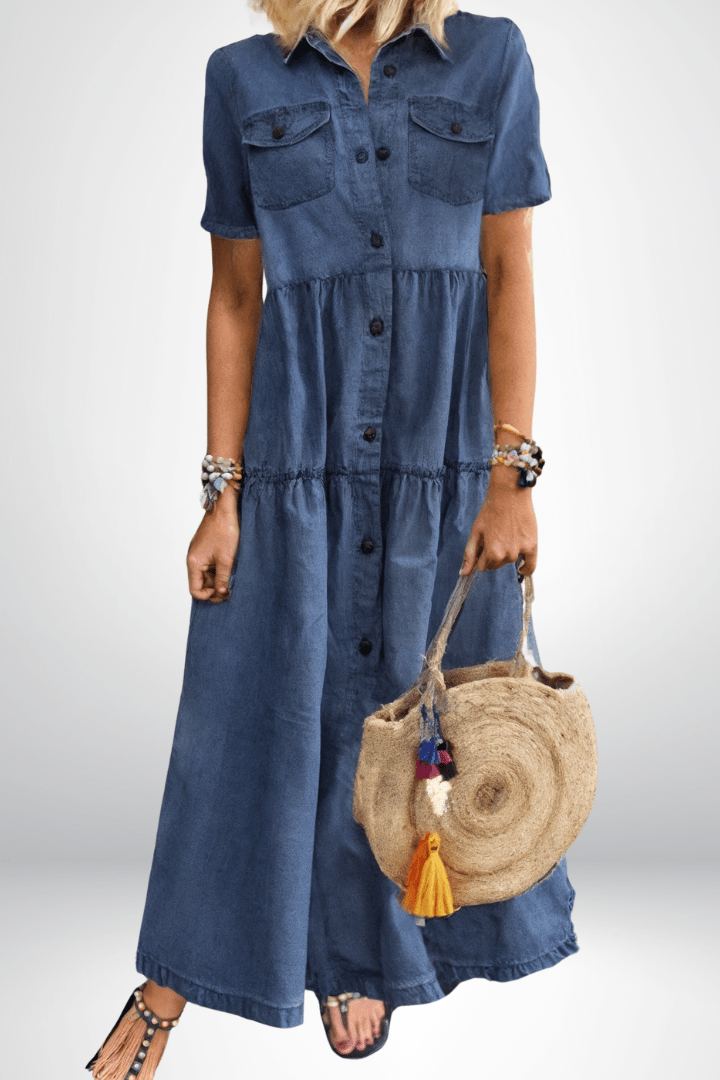 Marlowe | Women's Button Down Collared Tiered Maxi Dress - Dark Blue - Image 1