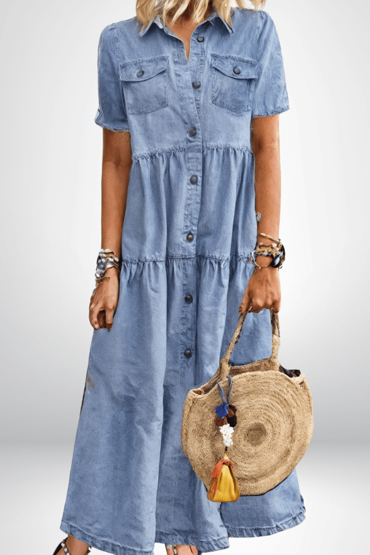 Marlowe | Women's Button Down Collared Tiered Maxi Dress - Dark Blue - Image 2