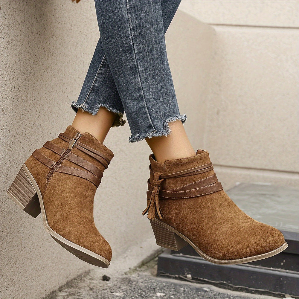 Marlowe | Women's Tassel Ankle Boots with Block Heel - Black - Image 2