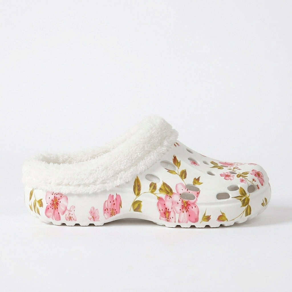 Marvinda | Women's Cosy Slippers Fleece-Lined Floral Clog - White - Image 1