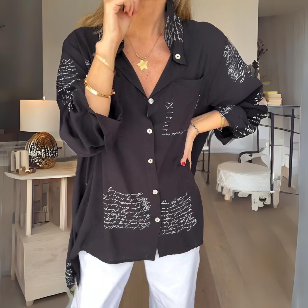 Meredith | Women's Script Print Button Up Shirt - Image 1