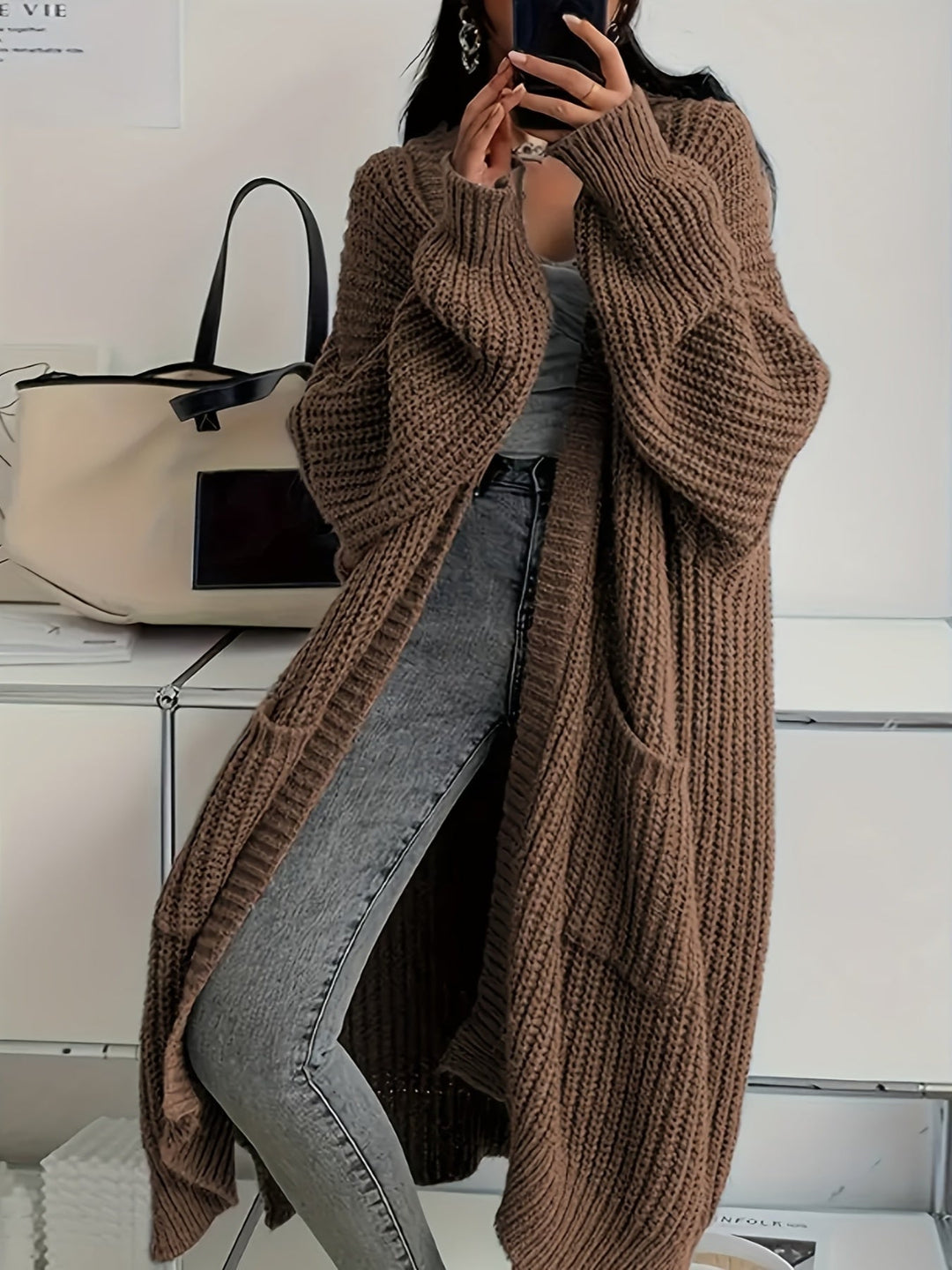 Merewyn | Women's Oversized Long Cardigan - Brown - Image 1