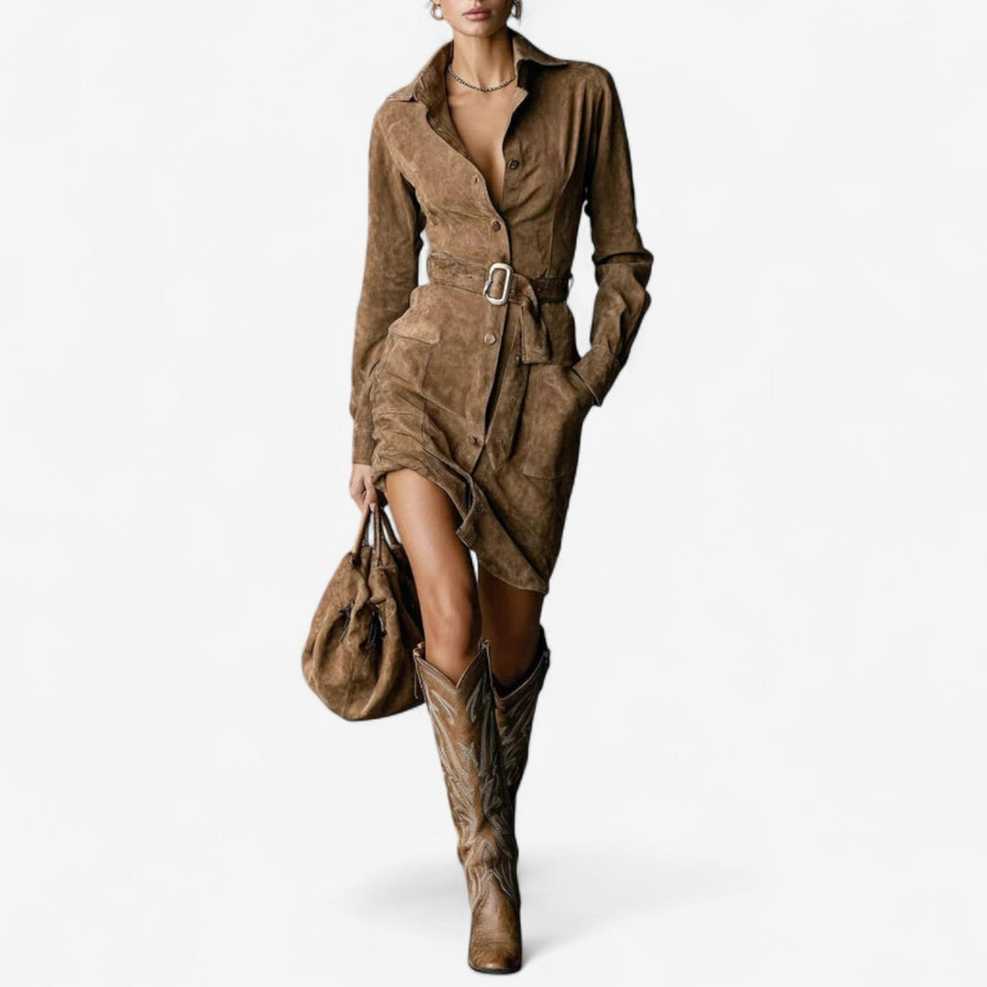 Meridiana | Women's Belted Long Sleeve Shirt Dress - Brown - Image 1