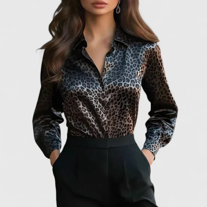 Miette | Women's Leopard Print Collared Long Sleeve Blouse - Leopard - Image 1
