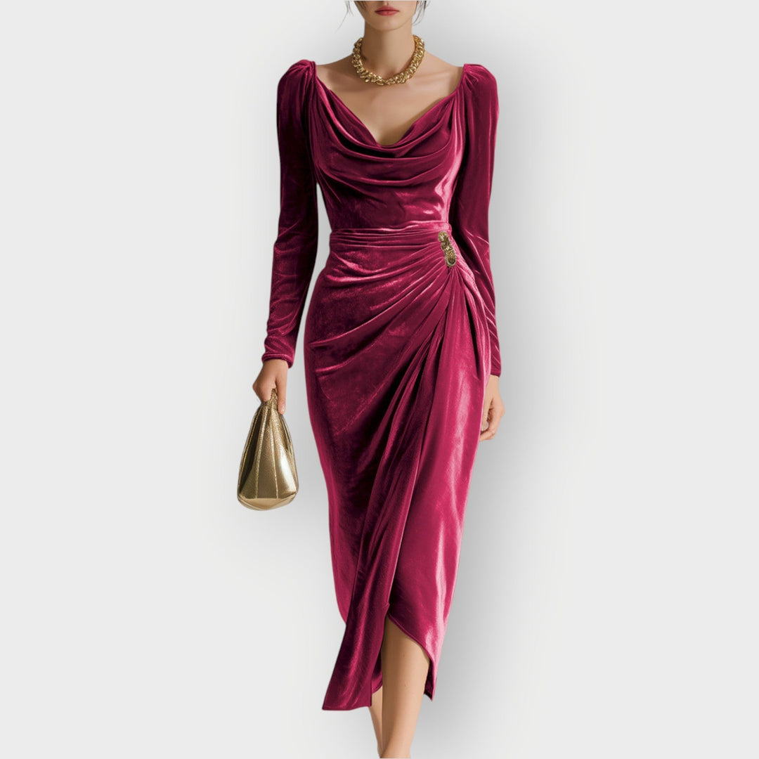 Millicent | Women's Cowl Neck Long Sleeve Midi Dress - Image 1