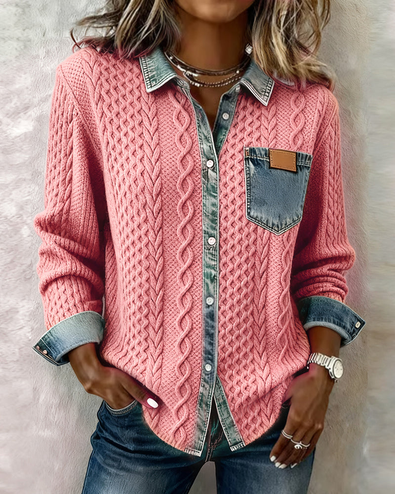 Minerva | Women's Cable Knit Collared Long Sleeve Shirt - Image 2