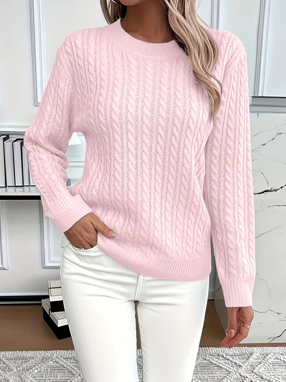 Miranda | Women's Cable Knit Round Neck Sweater - Image 2