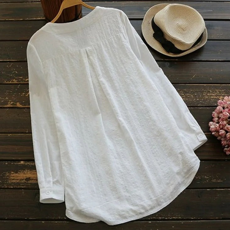 Mireille | Women's Round Neck Long Sleeve Relaxed Blouse - White - Image 1