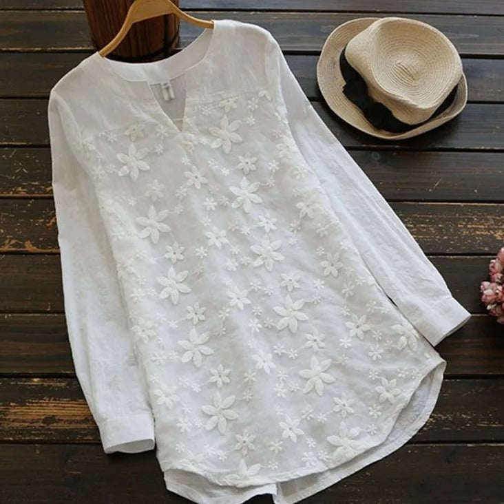 Mireille | Women's Round Neck Long Sleeve Relaxed Blouse - White - Image 2