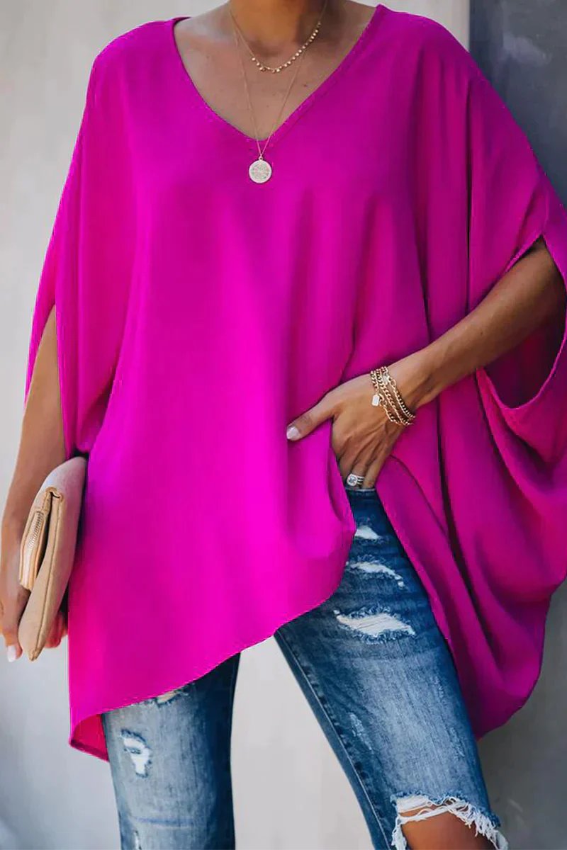 Nadette | Women's V-Neck Batwing Sleeve Tunic Top - Hot Pink - Image 1