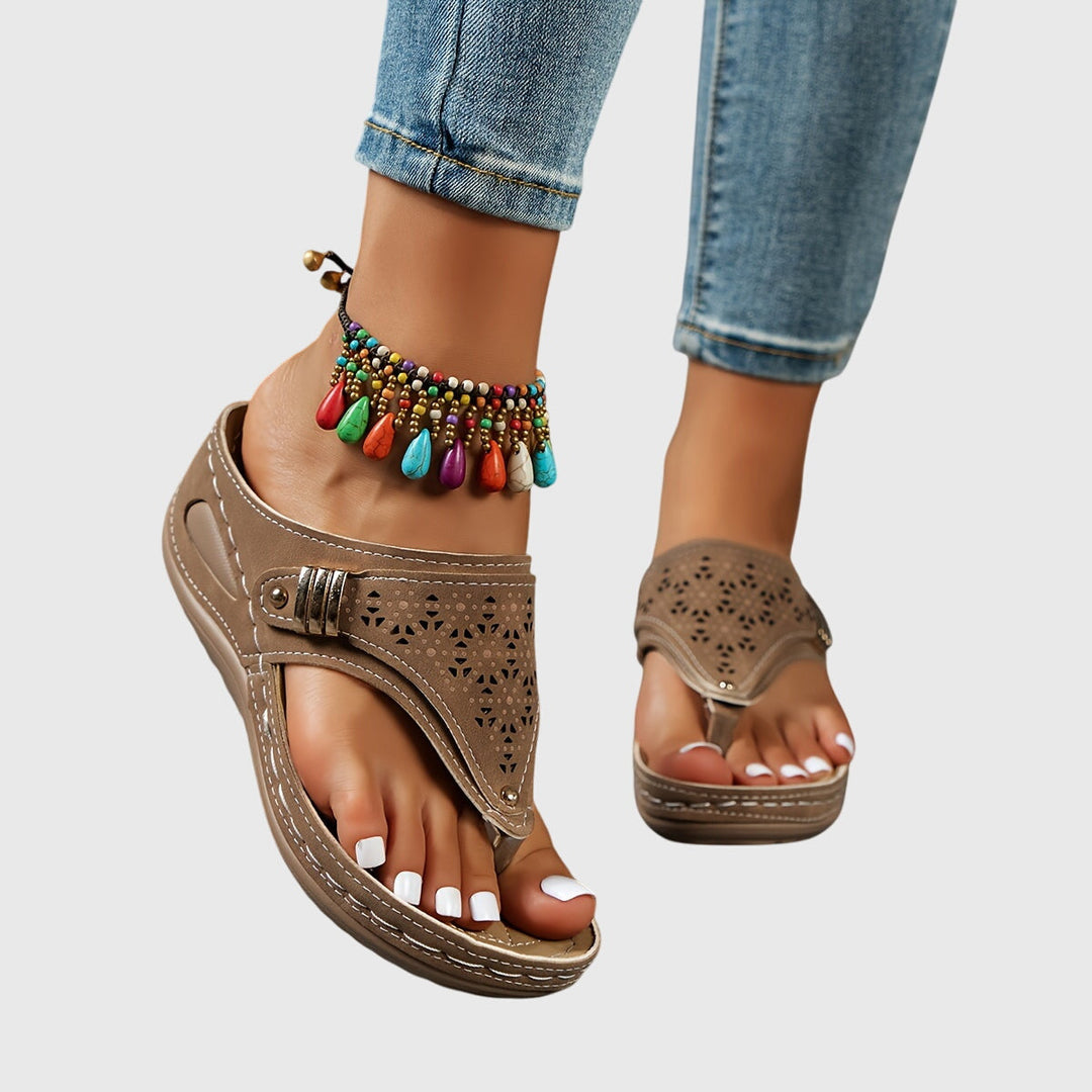 Nadia | Women's Perforated Toe Post Sandals - Brown - Image 1