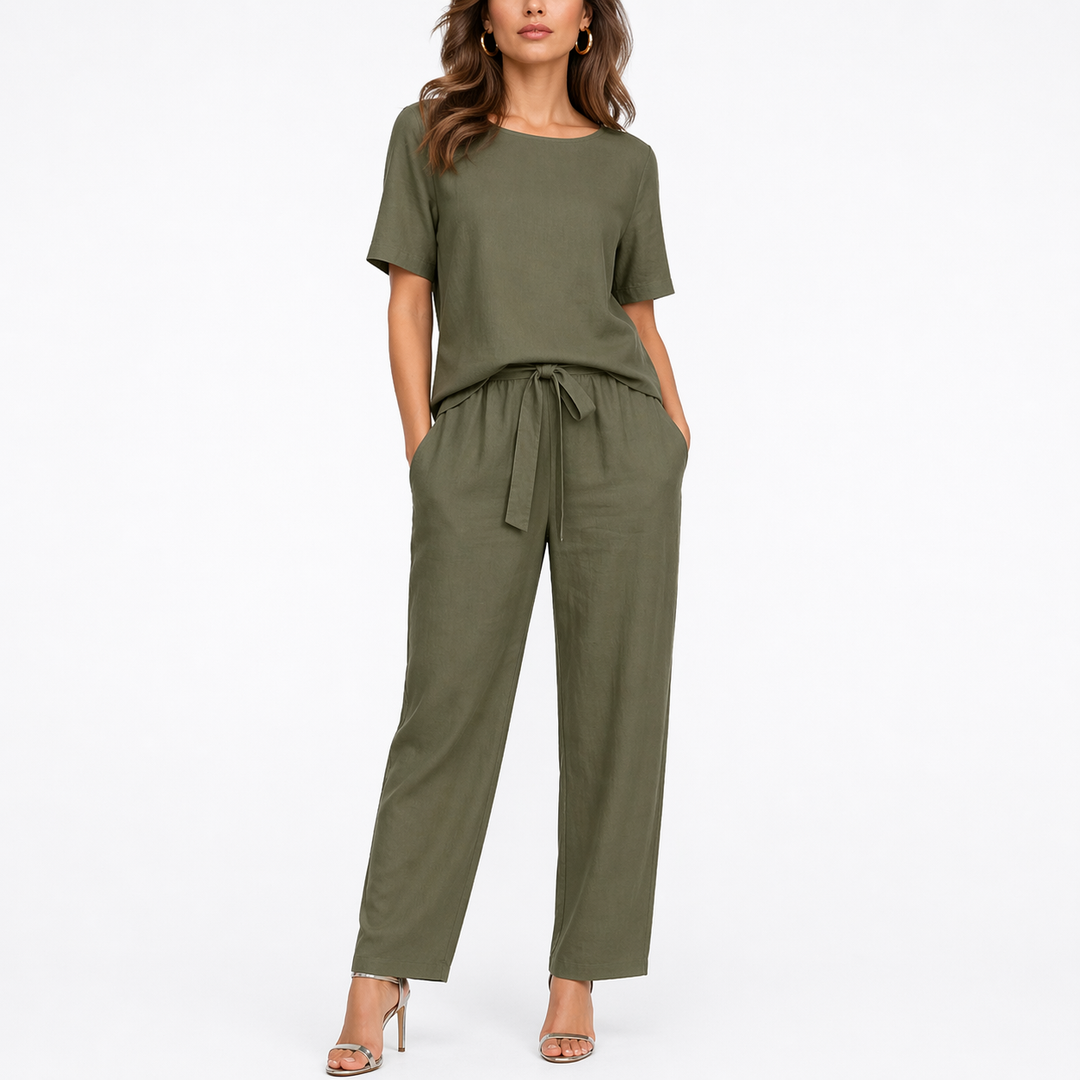 Nadia | Women's Short Sleeve Round Neck 2 Piece Set - Olive Green - Image 1