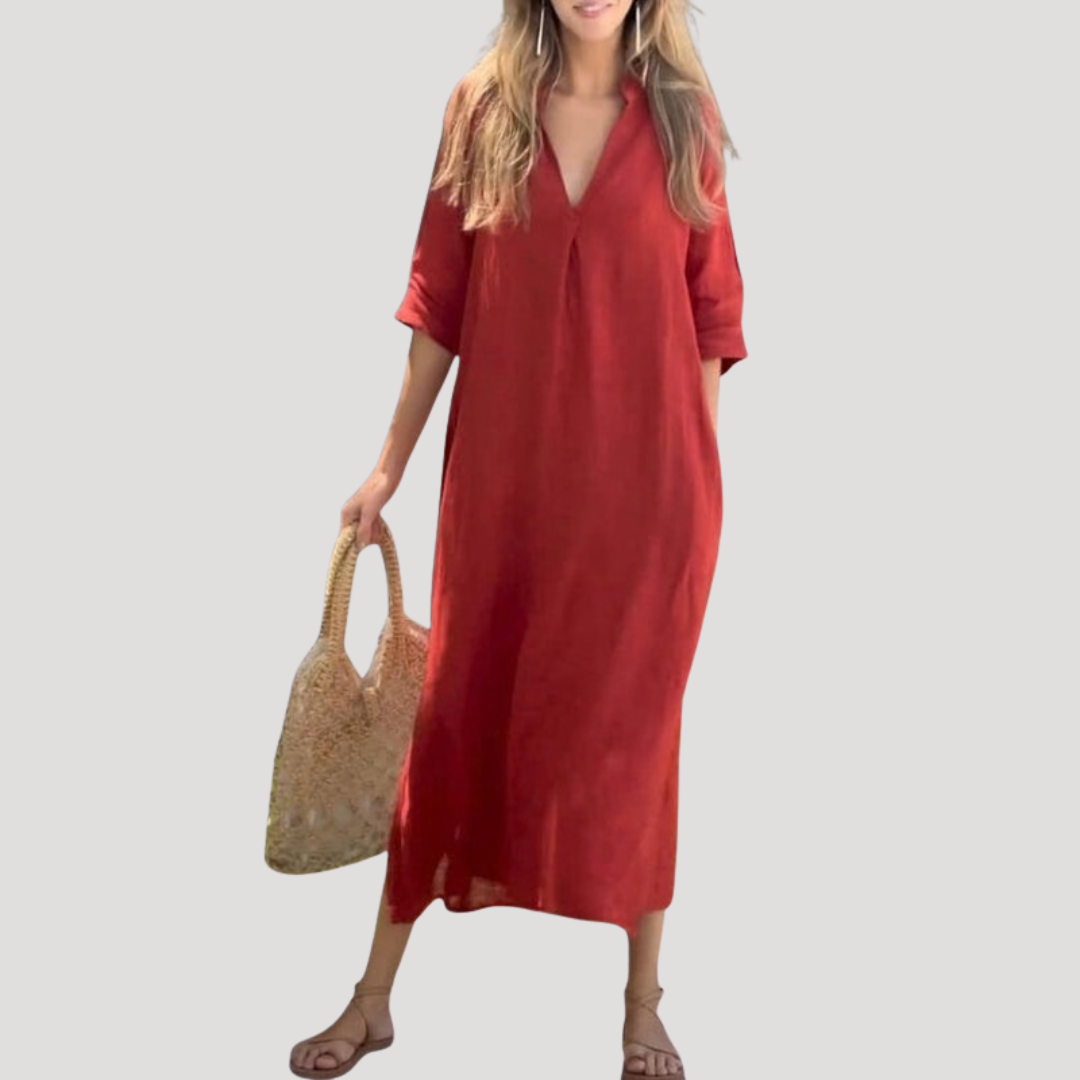 Nadia | Women's V-Neck Short Sleeve Relaxed Midi Dress - Red - Image 1