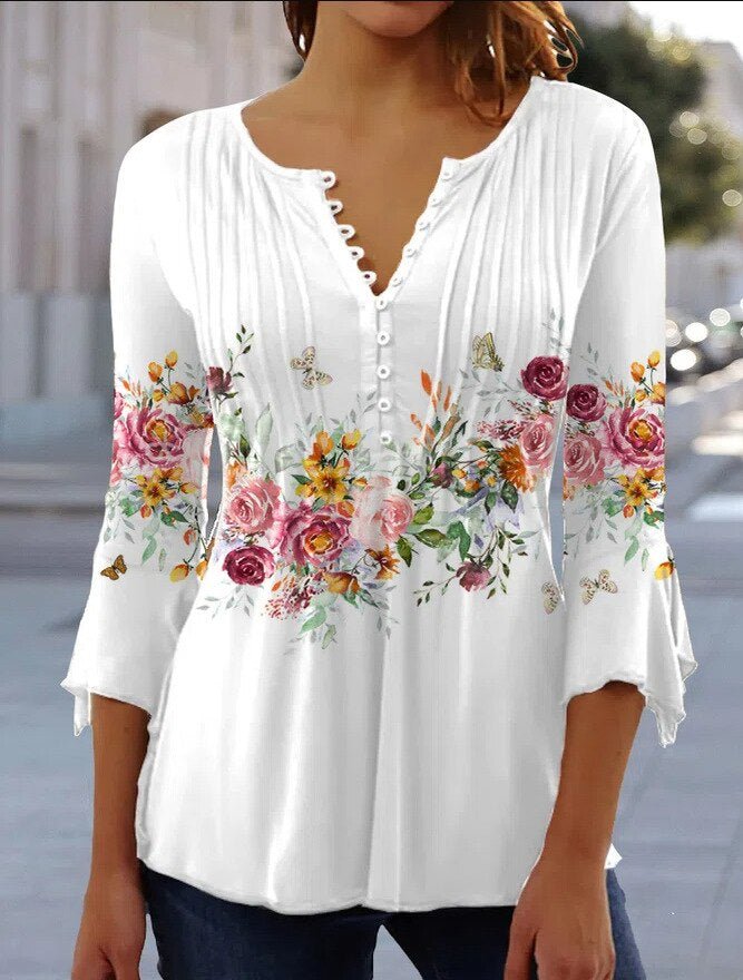 Nadine | Women's Floral Henley 3/4 Sleeve Blouse - White - Image 1